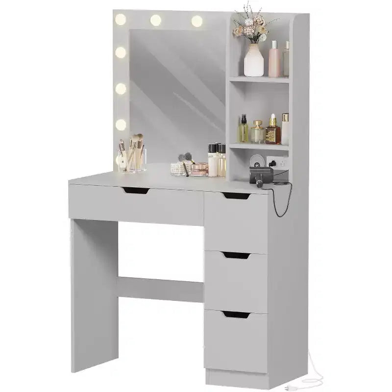 Vanity Desk with Mirror and Lights - Makeup Vanity Desk with 4 Drawers, Built-in Power Outlet, Adjustable LED Lighting, for Bedroom
