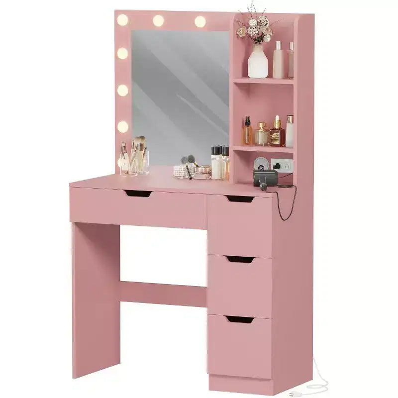 Tocador con espejo y luces, tocador de maquillaje con 4 cajones, toma de corriente integrada e iluminación LED ajustable, para dormitorio