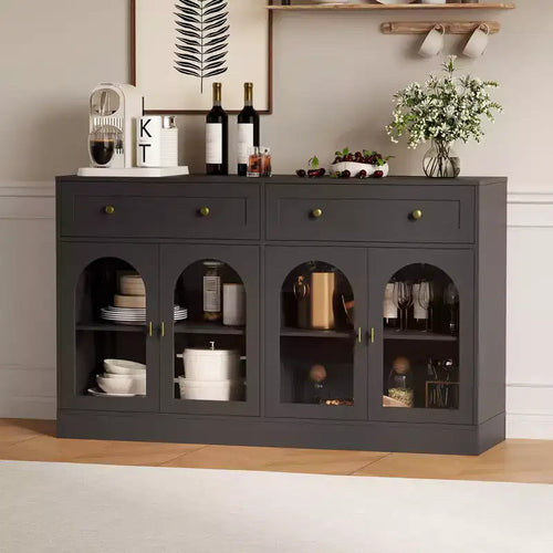 55Farmhouse Sideboard Buffet Cabinet with Storage,Large Kitchen Buffet Cabinet with 4 Acrylic Doors and 2 Drawers,Modern Coffee Bar Table for Dining