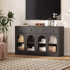 55Mobile credenza da fattoria con contenitore, Grande mobile credenza da cucina con 4 ante in acrilico e 2 cassetti, Tavolino da caffè moderno per la sala da pranzo