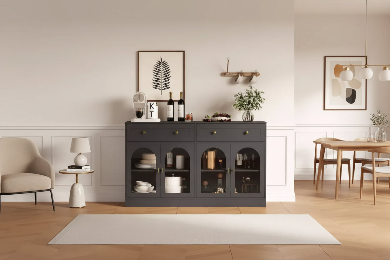 55Mobile credenza da fattoria con contenitore, Grande mobile credenza da cucina con 4 ante in acrilico e 2 cassetti, Tavolino da caffè moderno per la sala da pranzo