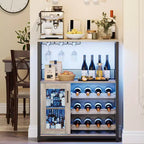 Mobile Bar con Cantinetta da 12 Bottiglie e Porta Bicchieri, Credenza Industriale con Anta a Rete, Struttura in Metallo