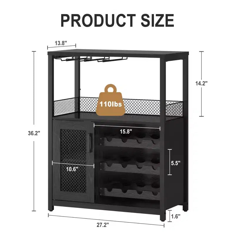 Mobile Bar con Cantinetta da 12 Bottiglie e Porta Bicchieri, Credenza Industriale con Anta a Rete, Struttura in Metallo