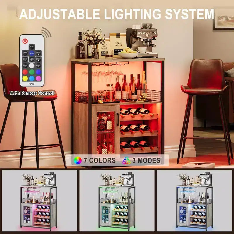 Mobile Bar con Cantinetta da 12 Bottiglie e Porta Bicchieri, Credenza Industriale con Anta a Rete, Struttura in Metallo