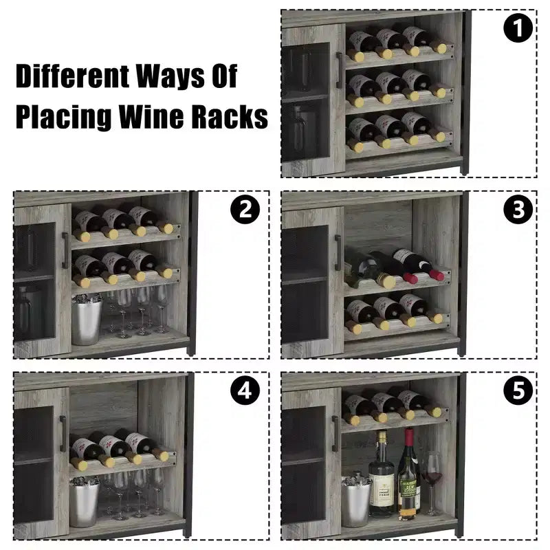 Mobile Bar con Cantinetta da 12 Bottiglie e Porta Bicchieri, Credenza Industriale con Anta a Rete, Struttura in Metallo