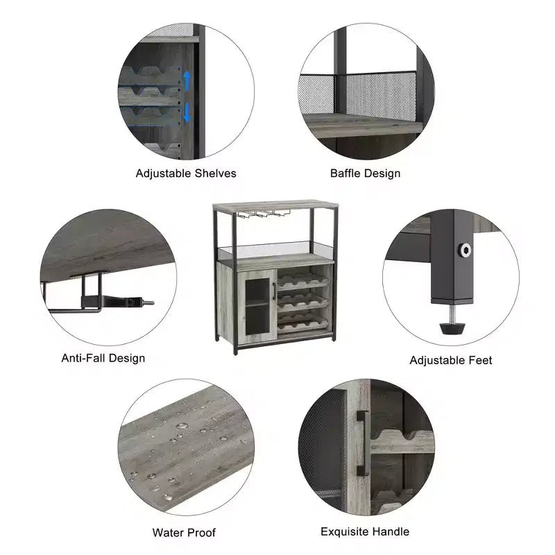 Mobile Bar con Cantinetta da 12 Bottiglie e Porta Bicchieri, Credenza Industriale con Anta a Rete, Struttura in Metallo
