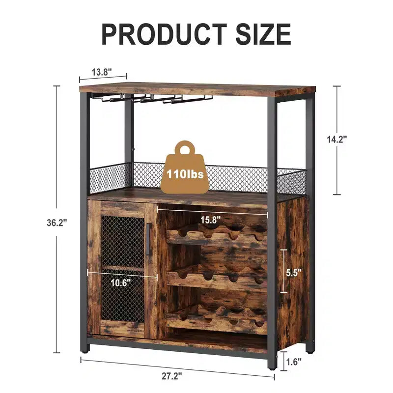 Mobile Bar con Cantinetta da 12 Bottiglie e Porta Bicchieri, Credenza Industriale con Anta a Rete, Struttura in Metallo