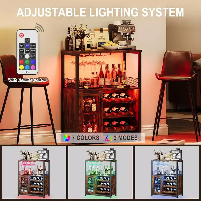 Mobile Bar con Cantinetta da 12 Bottiglie e Porta Bicchieri, Credenza Industriale con Anta a Rete, Struttura in Metallo