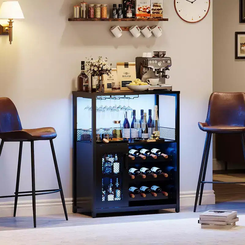 Mobile Bar con Cantinetta da 12 Bottiglie e Porta Bicchieri, Credenza Industriale con Anta a Rete, Struttura in Metallo