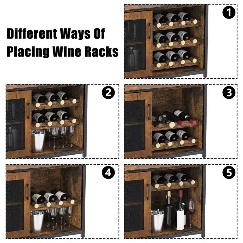 Mobile Bar con Cantinetta da 12 Bottiglie e Porta Bicchieri, Credenza Industriale con Anta a Rete, Struttura in Metallo