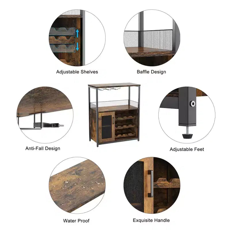 Mobile Bar con Cantinetta da 12 Bottiglie e Porta Bicchieri, Credenza Industriale con Anta a Rete, Struttura in Metallo