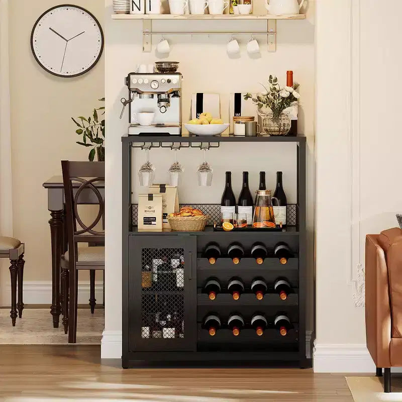 Mobile Bar con Cantinetta da 12 Bottiglie e Porta Bicchieri, Credenza Industriale con Anta a Rete, Struttura in Metallo