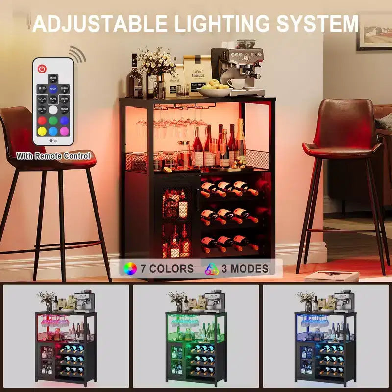 Mobile Bar con Cantinetta da 12 Bottiglie e Porta Bicchieri, Credenza Industriale con Anta a Rete, Struttura in Metallo