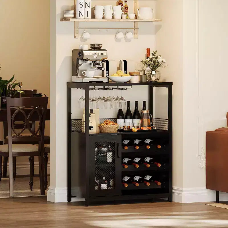 Mobile Bar con Cantinetta da 12 Bottiglie e Porta Bicchieri, Credenza Industriale con Anta a Rete, Struttura in Metallo