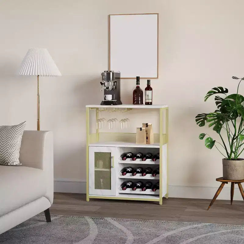 Mobile Bar con Cantinetta da 12 Bottiglie e Porta Bicchieri, Credenza Industriale con Anta a Rete, Struttura in Metallo