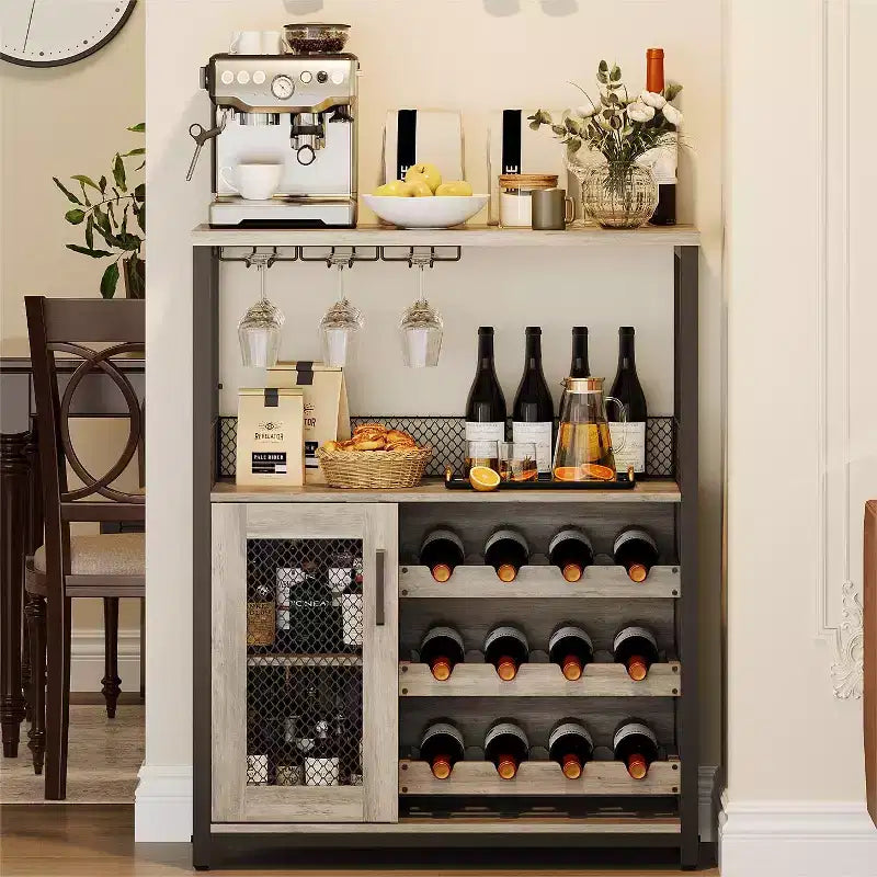 Mobile Bar con Cantinetta da 12 Bottiglie e Porta Bicchieri, Credenza Industriale con Anta a Rete, Struttura in Metallo