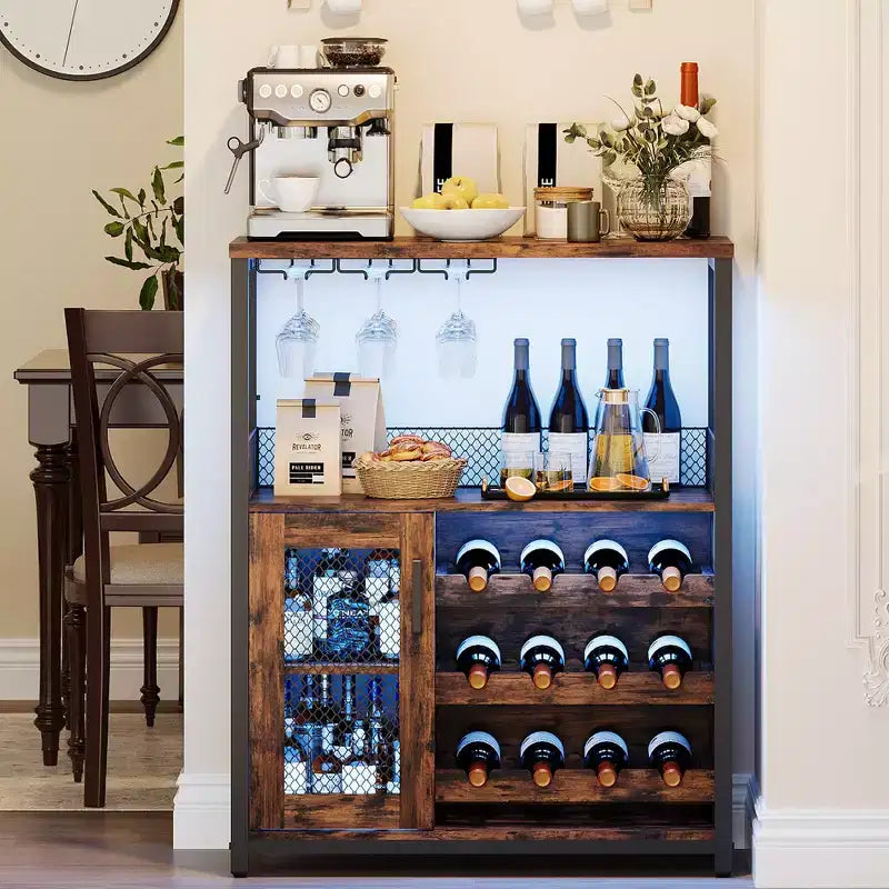 Mobile Bar con Cantinetta da 12 Bottiglie e Porta Bicchieri, Credenza Industriale con Anta a Rete, Struttura in Metallo