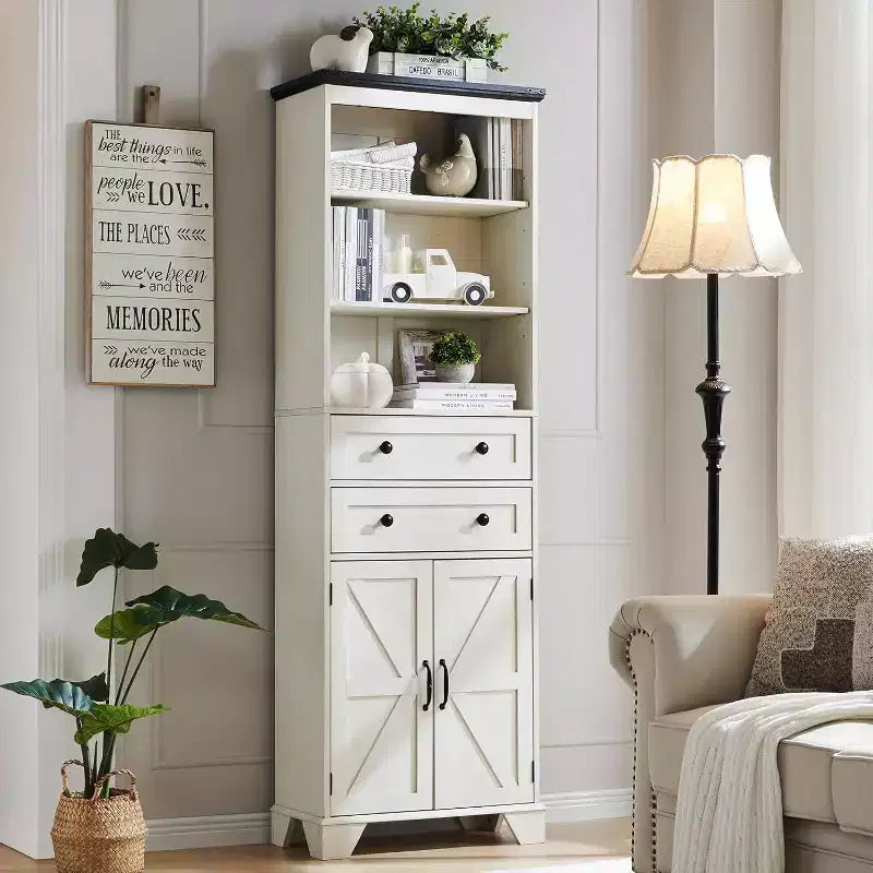 Mobile Contenitore da Bagno Alto 183 cm con 2 Cassetti, Ripiani Regolabili e Anta Scorrevole Stile Fienile, Nero