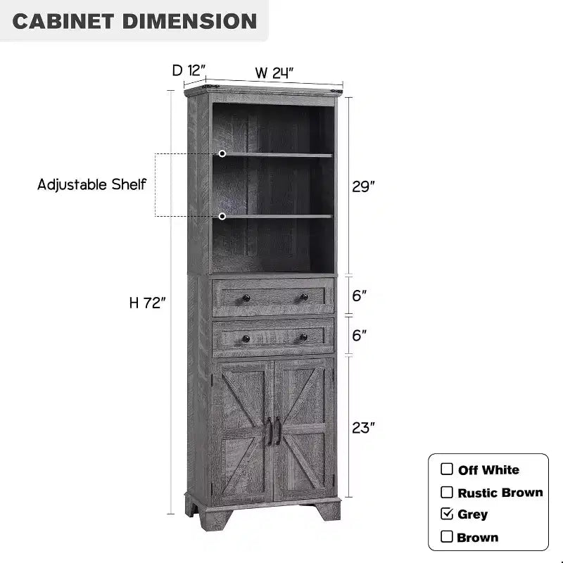 Mobile Contenitore da Bagno Alto 183 cm con 2 Cassetti, Ripiani Regolabili e Anta Scorrevole Stile Fienile, Nero