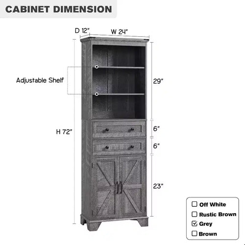 Gabinete alto para baño de 72" con 2 cajones, estantes ajustables y puerta tipo granero, negro