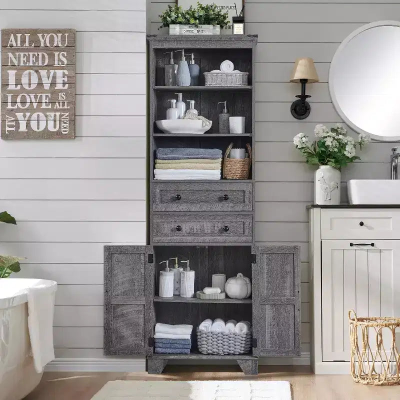Mobile Contenitore da Bagno Alto 183 cm con 2 Cassetti, Ripiani Regolabili e Anta Scorrevole Stile Fienile, Nero