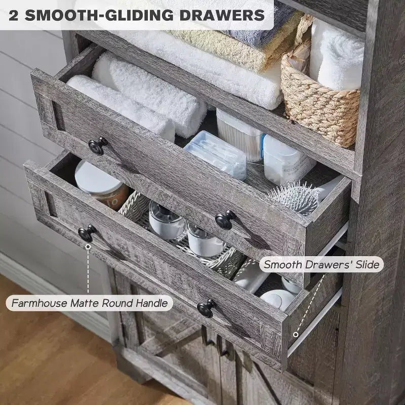 Mobile Contenitore da Bagno Alto 183 cm con 2 Cassetti, Ripiani Regolabili e Anta Scorrevole Stile Fienile, Nero