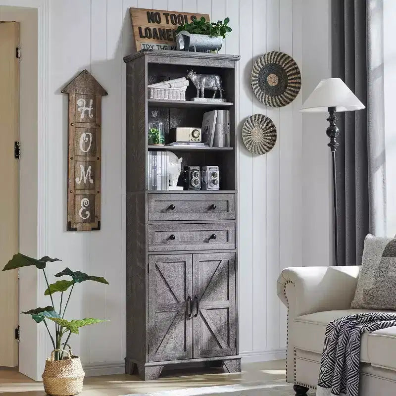 Mobile Contenitore da Bagno Alto 183 cm con 2 Cassetti, Ripiani Regolabili e Anta Scorrevole Stile Fienile, Nero