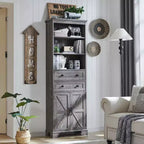 Mobile Contenitore da Bagno Alto 183 cm con 2 Cassetti, Ripiani Regolabili e Anta Scorrevole Stile Fienile, Nero