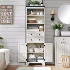 Mobile Contenitore da Bagno Alto 183 cm con 2 Cassetti, Ripiani Regolabili e Anta Scorrevole Stile Fienile, Nero