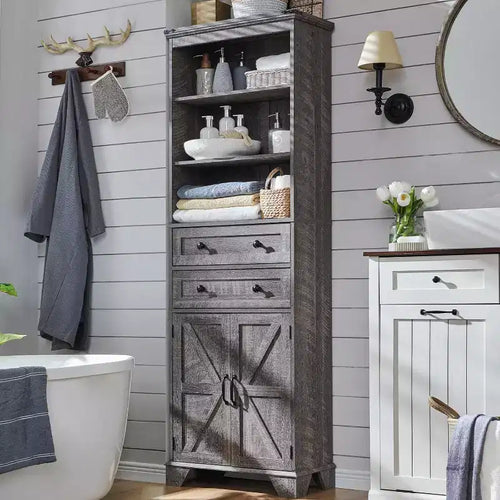 Dcolora Bathroom Cabinet, 72 Tall Storage Cabinet with 2 Drawers, Adjustable Shelves & Barn Door, Cabinets for Bathroom
