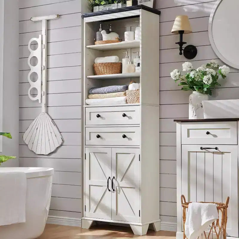 Mobile Contenitore da Bagno Alto 183 cm con 2 Cassetti, Ripiani Regolabili e Anta Scorrevole Stile Fienile, Nero