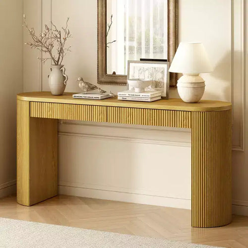 Mesa consola de 58.2" con patas arqueadas ajustables, doble cajón y superficie grande, mesa de acento para entrada