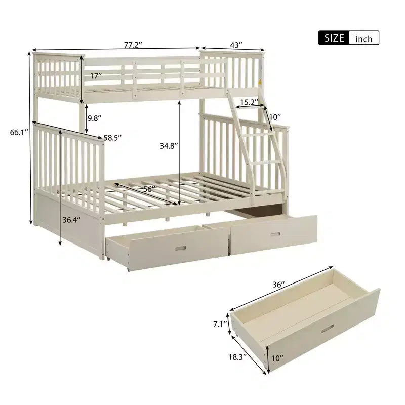 Letto a Castello 76" con Letti Singolo Superiore e Piazza e Mezza Inferiore, Cassetti, Sponda di Sicurezza e Scaletta, Struttura Letto per Bambini