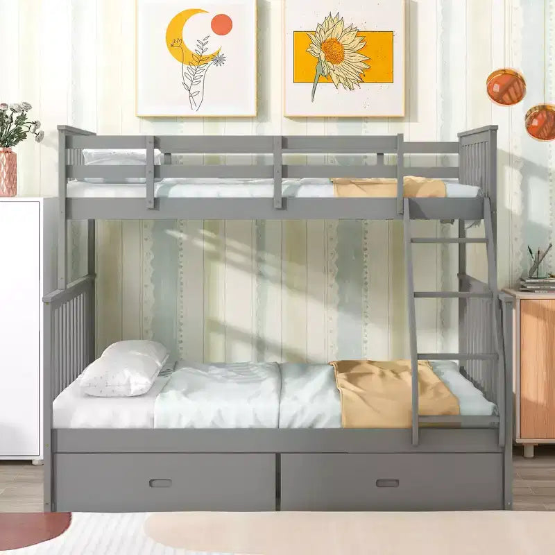 Letto a Castello 76" con Letti Singolo Superiore e Piazza e Mezza Inferiore, Cassetti, Sponda di Sicurezza e Scaletta, Struttura Letto per Bambini