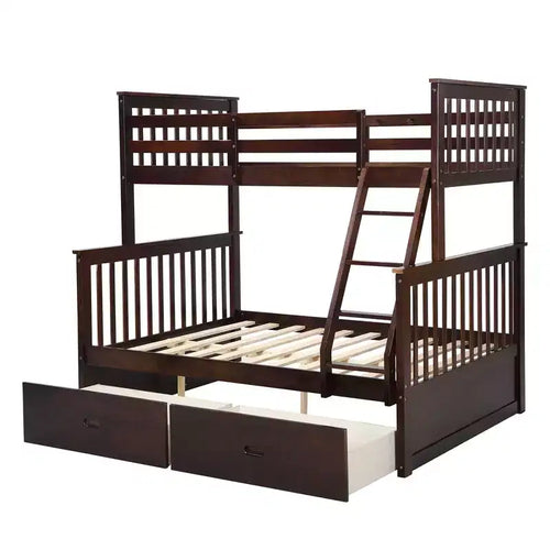 Litera Twin sobre Full de 76" con cajones de almacenamiento, barandilla de seguridad y escalera, estructura de cama para niños