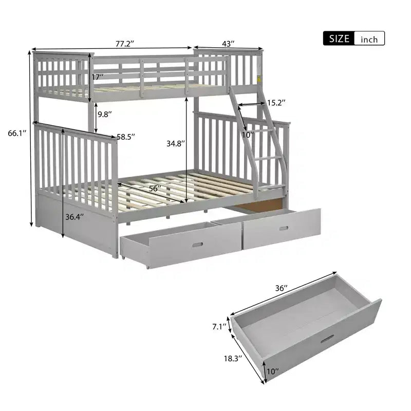 Letto a Castello 76" con Letti Singolo Superiore e Piazza e Mezza Inferiore, Cassetti, Sponda di Sicurezza e Scaletta, Struttura Letto per Bambini