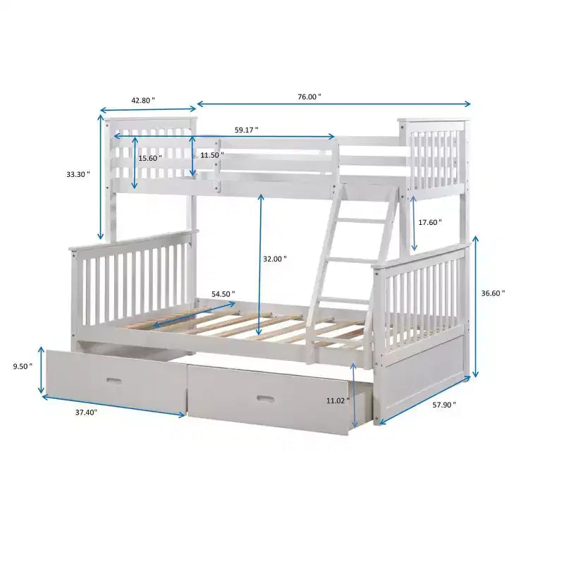 Letto a Castello 76" con Letti Singolo Superiore e Piazza e Mezza Inferiore, Cassetti, Sponda di Sicurezza e Scaletta, Struttura Letto per Bambini