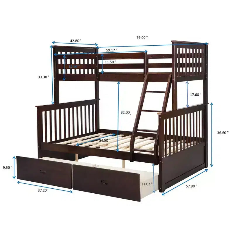 Letto a Castello 76" con Letti Singolo Superiore e Piazza e Mezza Inferiore, Cassetti, Sponda di Sicurezza e Scaletta, Struttura Letto per Bambini
