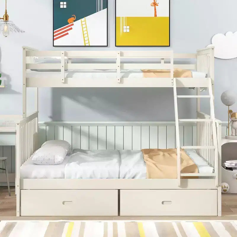 Letto a Castello 76" con Letti Singolo Superiore e Piazza e Mezza Inferiore, Cassetti, Sponda di Sicurezza e Scaletta, Struttura Letto per Bambini