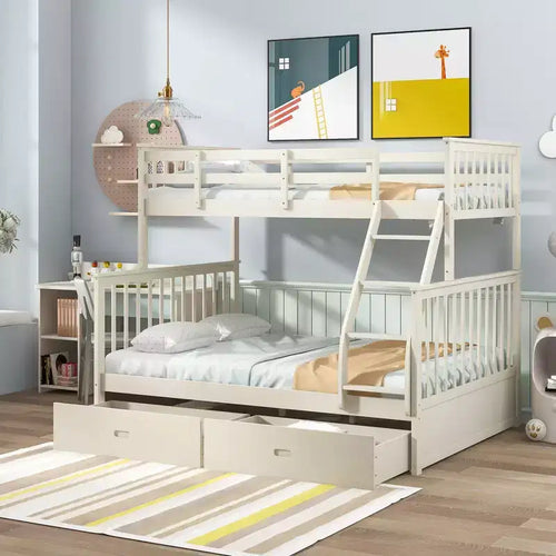 Okak 76IN Twin Over Full Bunk Bed with Storage Drawers, Kids Bunk Beds with Safety Guardrail and Ladder, Bed Frames for Living Room, Kids Room