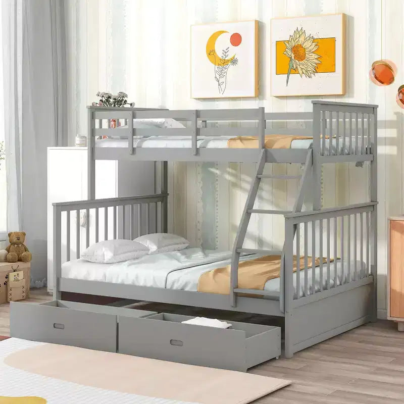Letto a Castello 76" con Letti Singolo Superiore e Piazza e Mezza Inferiore, Cassetti, Sponda di Sicurezza e Scaletta, Struttura Letto per Bambini