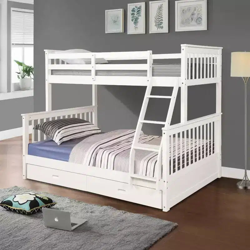 Letto a Castello 76" con Letti Singolo Superiore e Piazza e Mezza Inferiore, Cassetti, Sponda di Sicurezza e Scaletta, Struttura Letto per Bambini