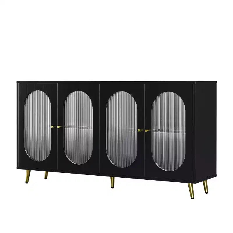 Mobile contenitore decorativo a 4 ante con ante in acrilico scanalato e gambe in metallo, Credenza da soggiorno, Nero
