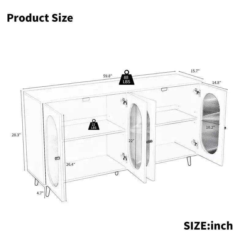 Mobile contenitore decorativo a 4 ante con ante in acrilico scanalato e gambe in metallo, Credenza da soggiorno, Nero