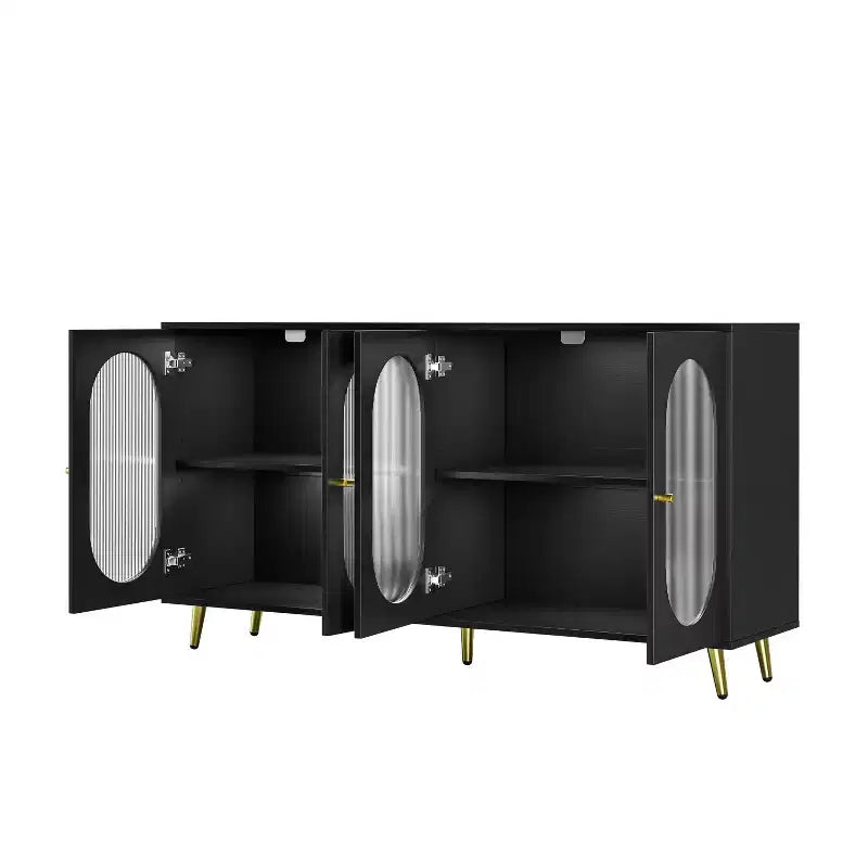 Mobile contenitore decorativo a 4 ante con ante in acrilico scanalato e gambe in metallo, Credenza da soggiorno, Nero