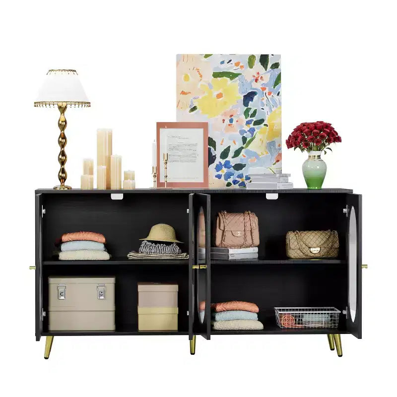 Mobile contenitore decorativo a 4 ante con ante in acrilico scanalato e gambe in metallo, Credenza da soggiorno, Nero