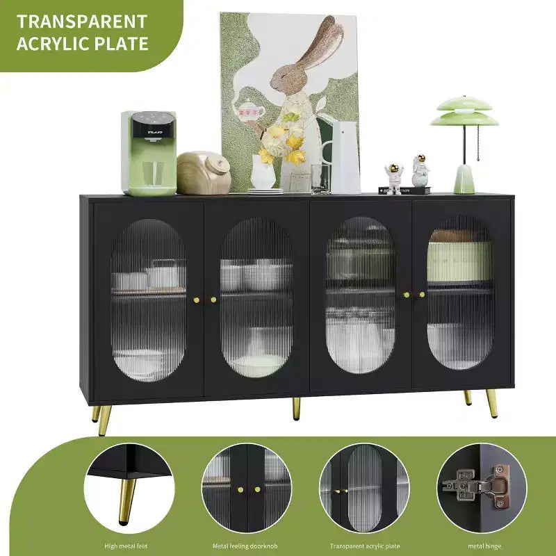 Mobile contenitore decorativo a 4 ante con ante in acrilico scanalato e gambe in metallo, Credenza da soggiorno, Nero