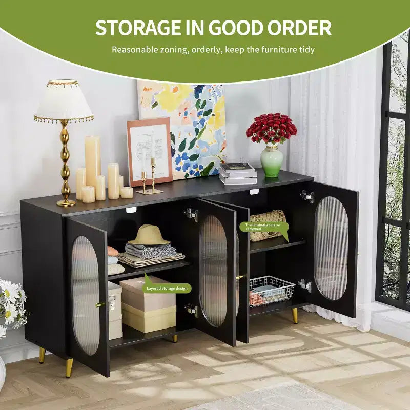 Mobile contenitore decorativo a 4 ante con ante in acrilico scanalato e gambe in metallo, Credenza da soggiorno, Nero