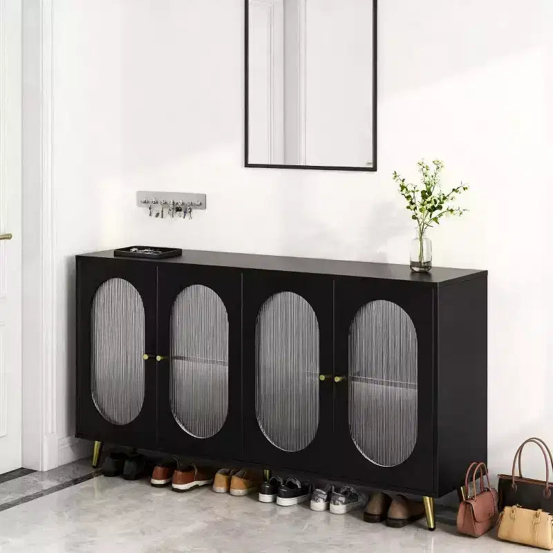 Mobile contenitore decorativo a 4 ante con ante in acrilico scanalato e gambe in metallo, Credenza da soggiorno, Nero