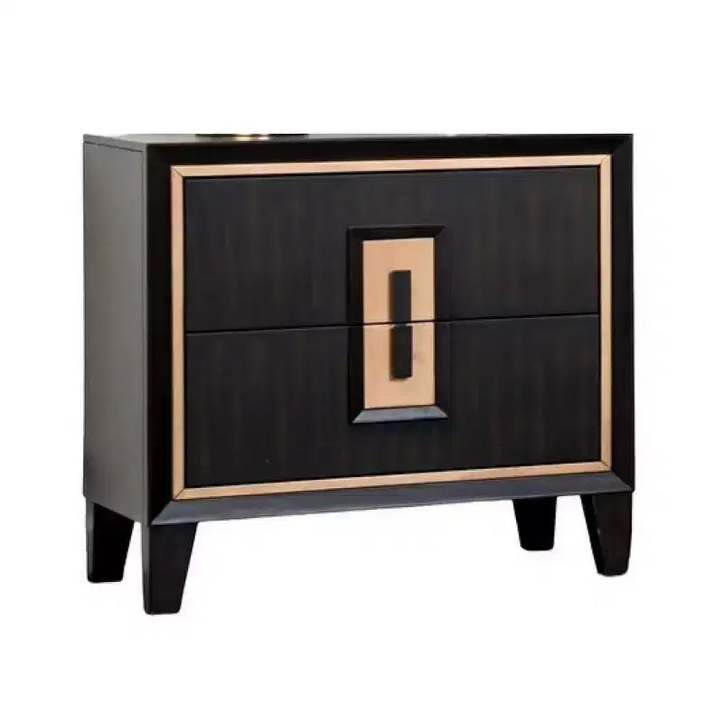 Comodino a 2 cassetti, 68 cm, marrone espresso con dettagli dorati, misto legno massello